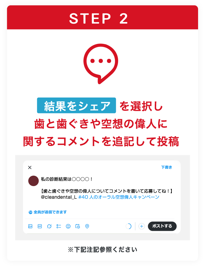 STEP2 結果をシェアを選択し歯と歯ぐきや空想の偉人に関するコメントを追記して投稿